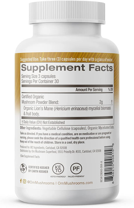 Om Mushroom Superfood Lion's Mane Mushroom Capsules Superfood Supplement, 90 Count - Cozy Farm 