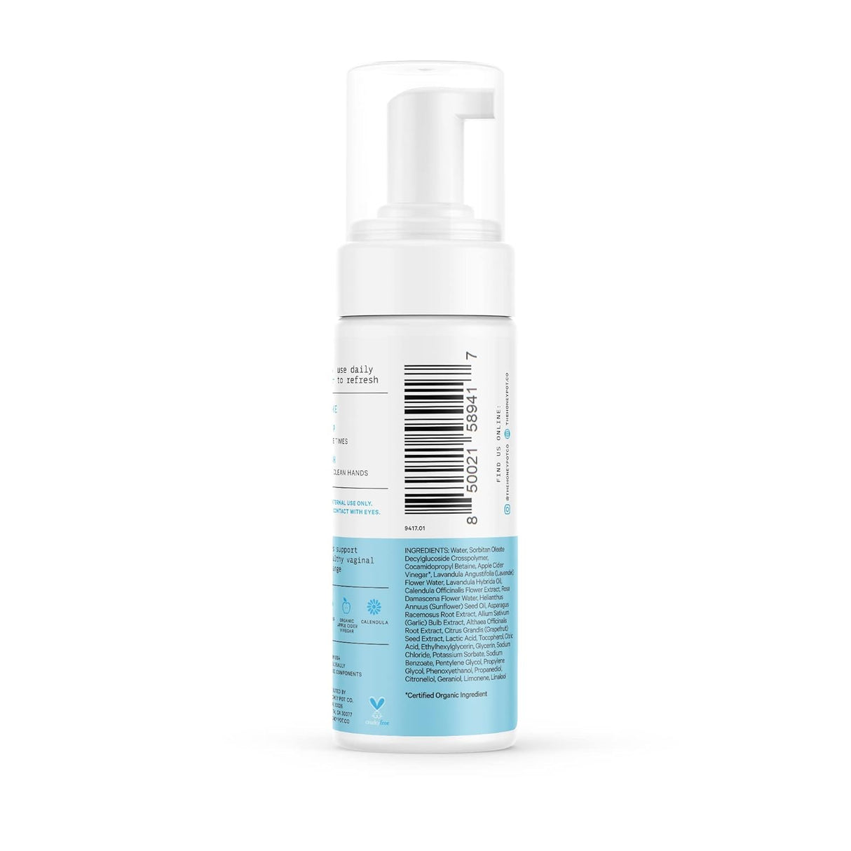 Foam pump bottle with blue label on a white background