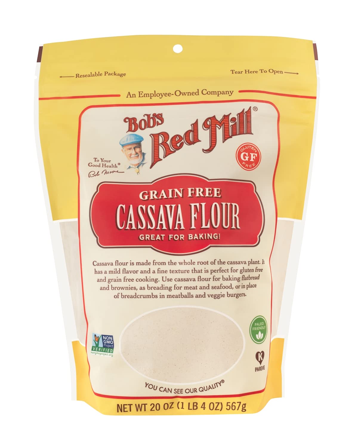 Bag of Bob's Red Mill Grain Free Cassava Flour on a white background