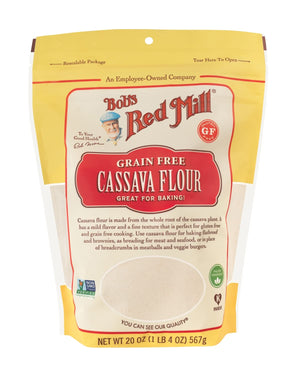 Bag of Bob's Red Mill Grain Free Cassava Flour on a white background