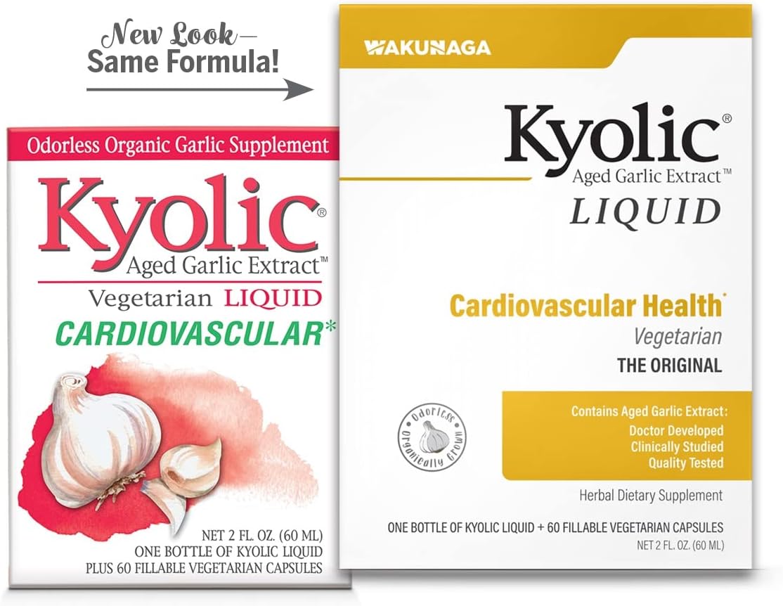 Two packages of Kyolic Aged Garlic Extract, one liquid and one vegetarian capsule form, on a white background.