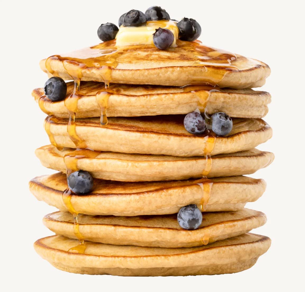 Stack of pancakes with blueberries and syrup on a white background