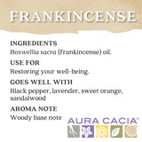 Aura Cacia frankincense oil label with ingredients, use, and aroma information.