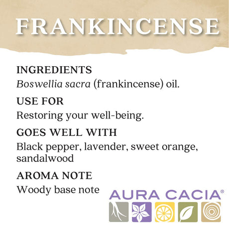Aura Cacia frankincense oil label with ingredients, use, and aroma information.