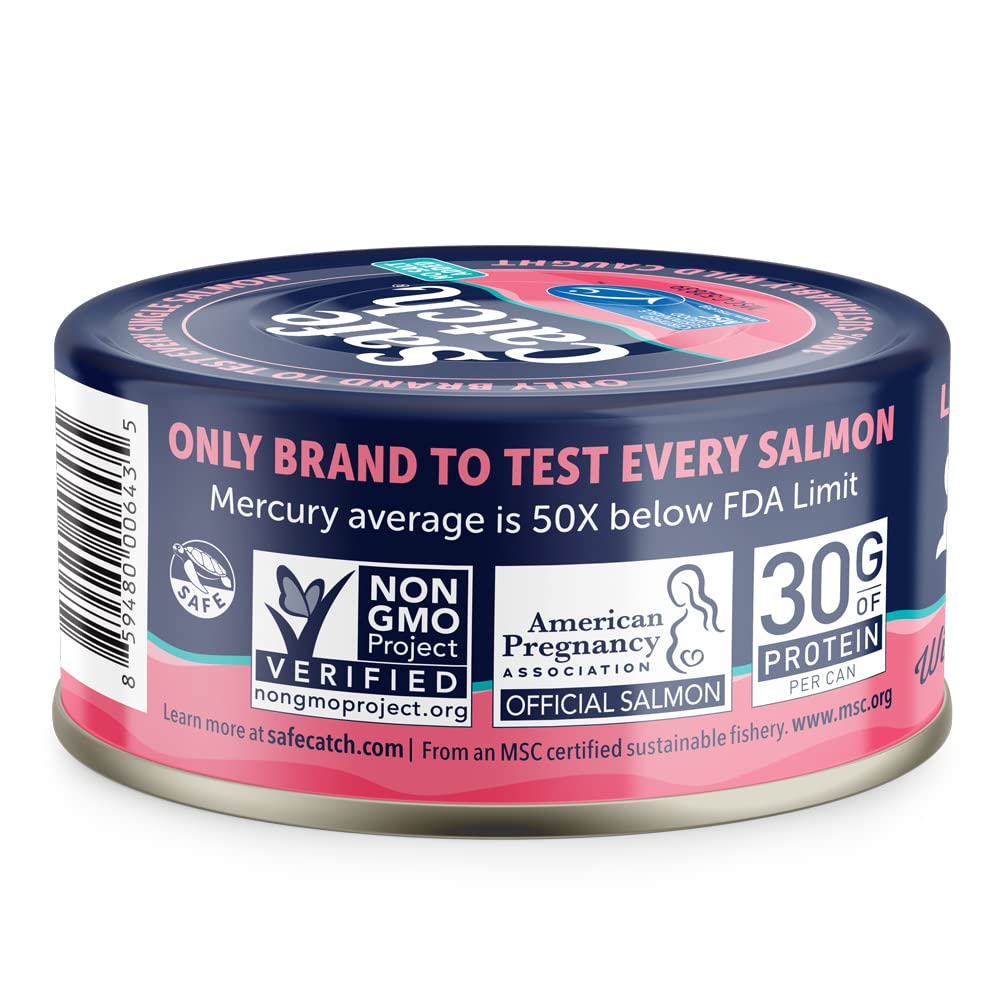 Can of Safe Catch salmon with various certification labels on a white background