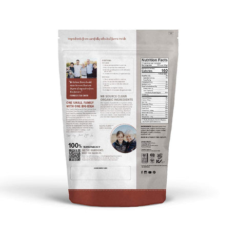 Back view of a pet food packaging with branding and product details on a white background