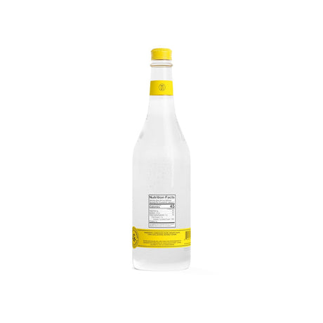 Clear bottle with yellow labels on a white background