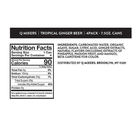 Nutrition facts label for Q Mixers Tropical Ginger Beer on a white background
