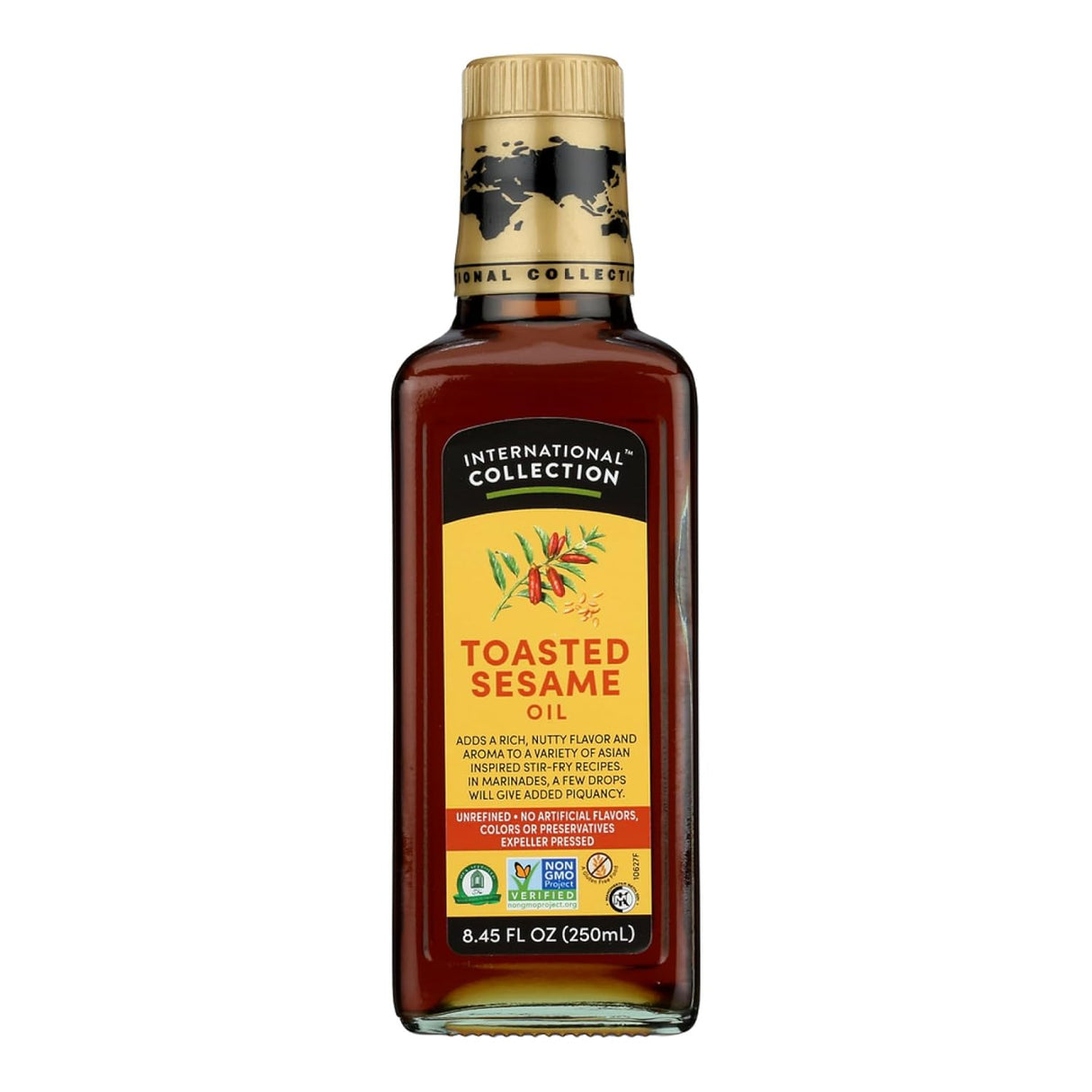 Bottle of International Collection Toasted Sesame Oil on a white background