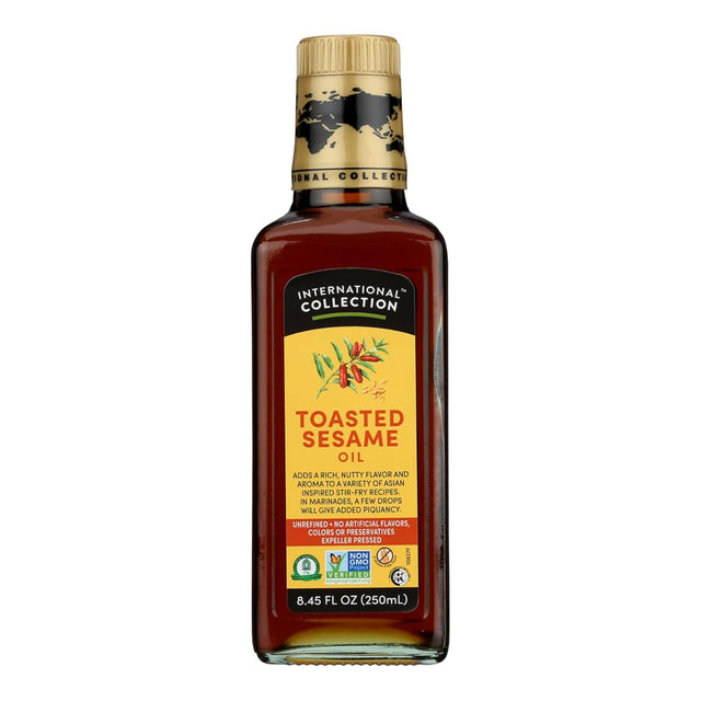 Bottle of International Collection Toasted Sesame Oil on a white background