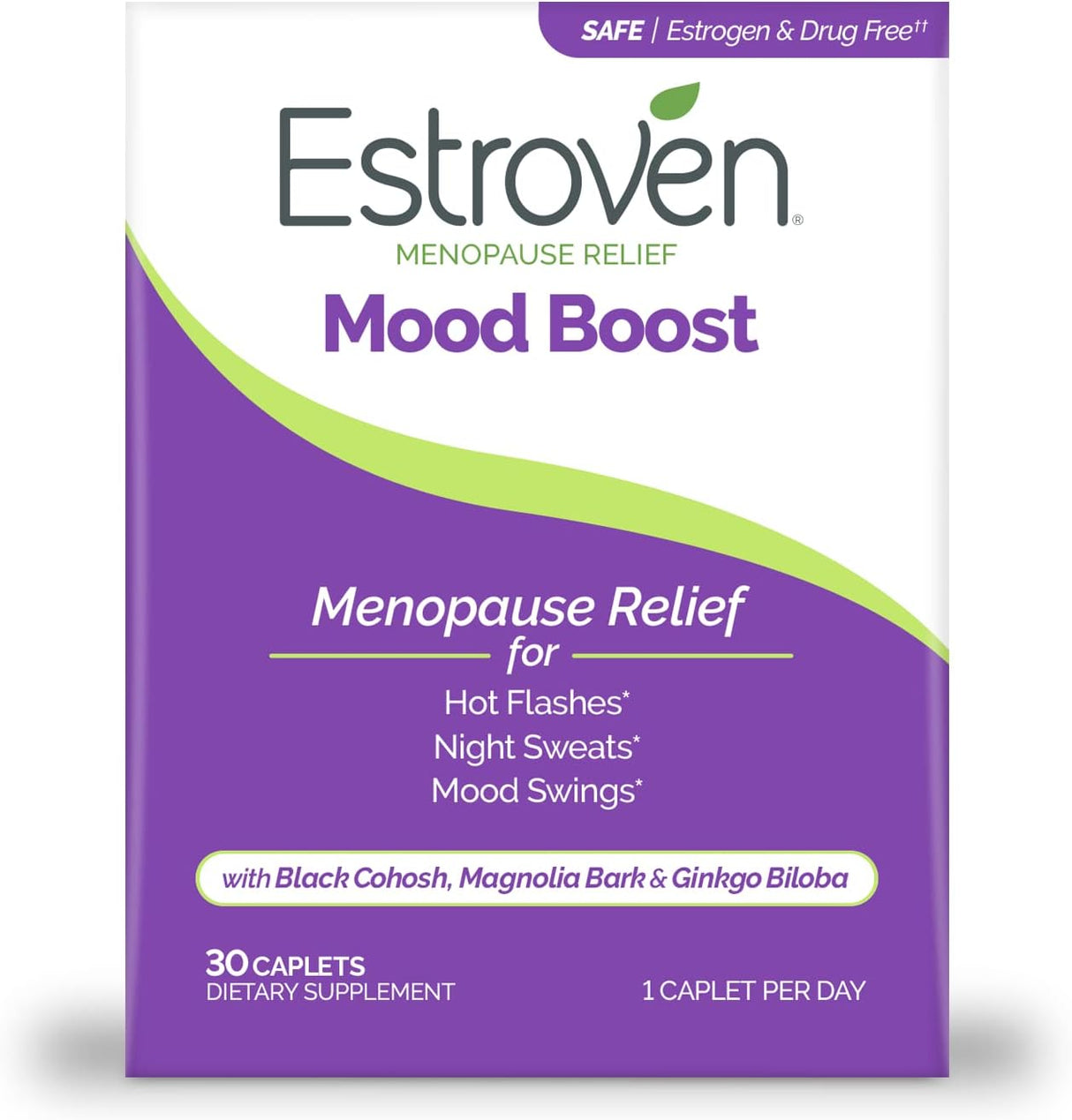 Estroven Mood Boost menopause relief supplement packaging on a white background