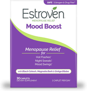 Estroven Mood Boost menopause relief supplement packaging on a white background