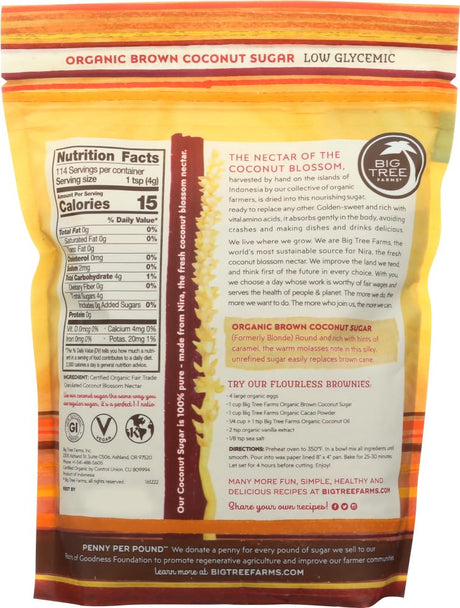 Back view of a package of organic brown coconut sugar with nutritional information and branding.