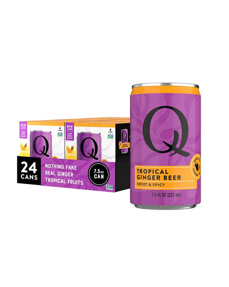 Q Tropical Ginger Beer can and packaging on a white background