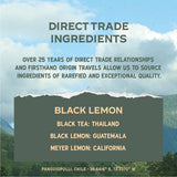 Promotional text about direct trade ingredients with a scenic background