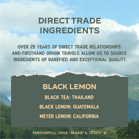 Promotional text about direct trade ingredients with a scenic background