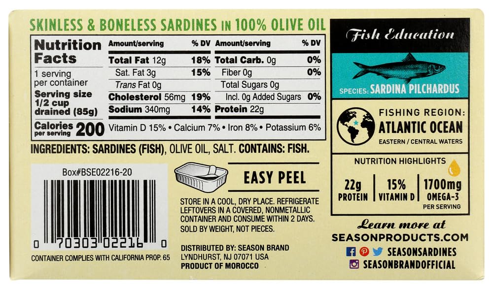 Season Brand Skinless & Boneless Sardines in Pure Olive Oil, 3.75 oz., Case of 12