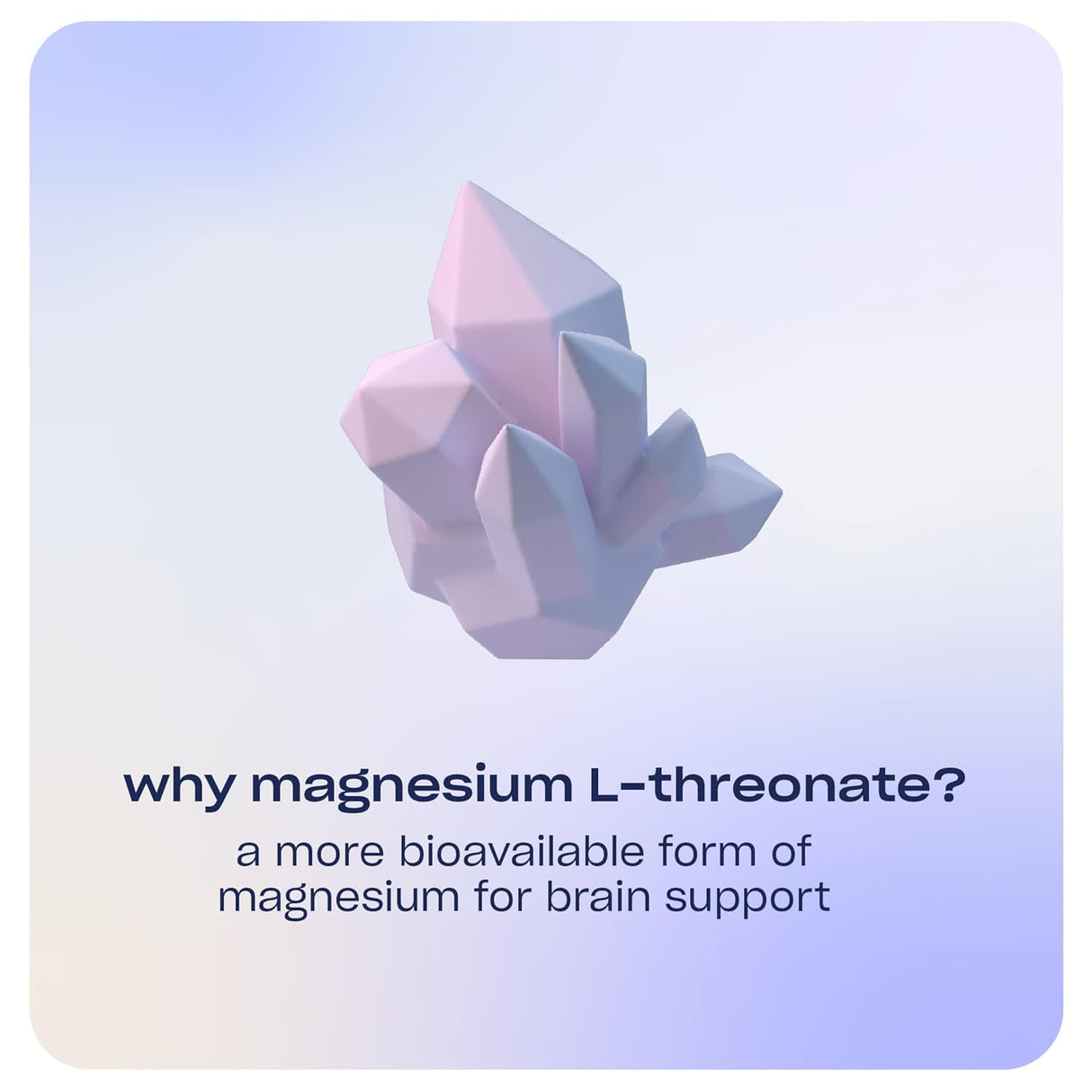 Crystal-like structure on a gradient purple background with text about magnesium L-threonate.