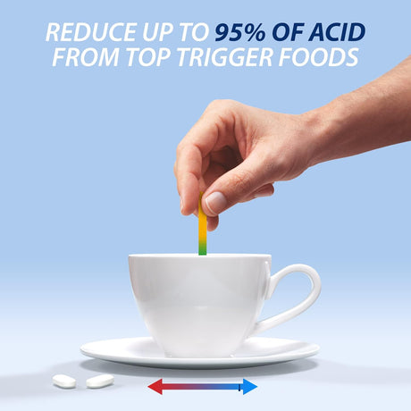 Hand placing a colorful straw into a white cup with text about reducing acid from top trigger foods on a blue background.