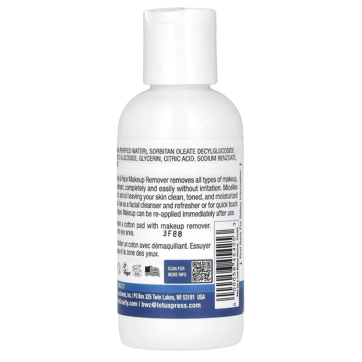 A white bottle of makeup remover shown from the back, featuring a white cap, product ingredients printed in black text, a blue barcode band, and a QR code on a plain white background.