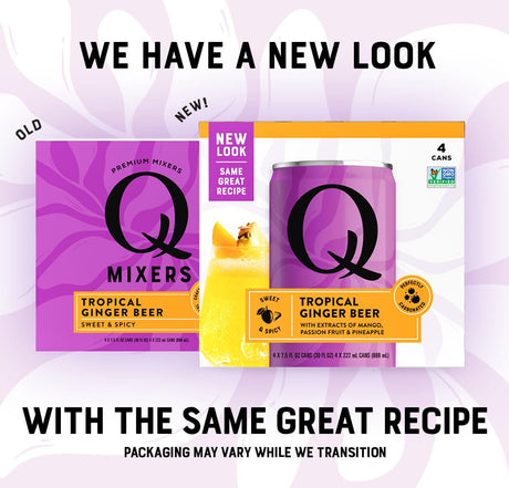 Q Mixers tropical ginger beer packaging with text about a new look and same great recipe.