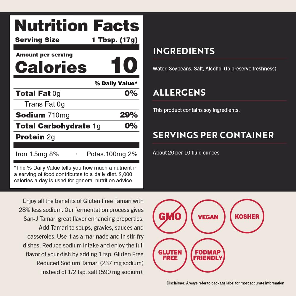 Nutrition facts label and ingredients list for a product with allergen and dietary label icons.
