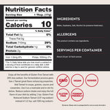 Nutrition facts label and ingredients list for a product with allergen and dietary label icons.