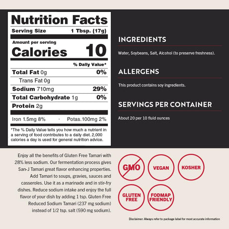 Nutrition facts label and ingredients list for a product with allergen and dietary label icons.