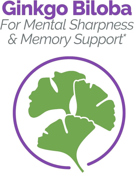 Ginkgo Biloba leaf graphic with text about mental sharpness and memory support on a white background.