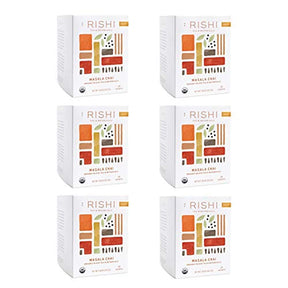 Six boxes of Rishi Masala Chai tea on a white background