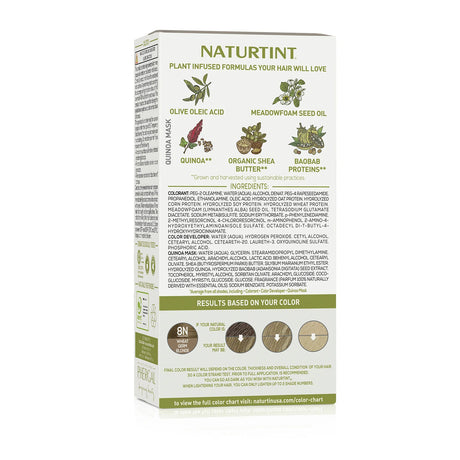 Naturtint hair color packaging with ingredient list and color chart on a white background