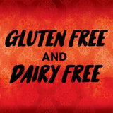 Text 'GLUTEN FREE AND DAIRY FREE' on a red patterned background