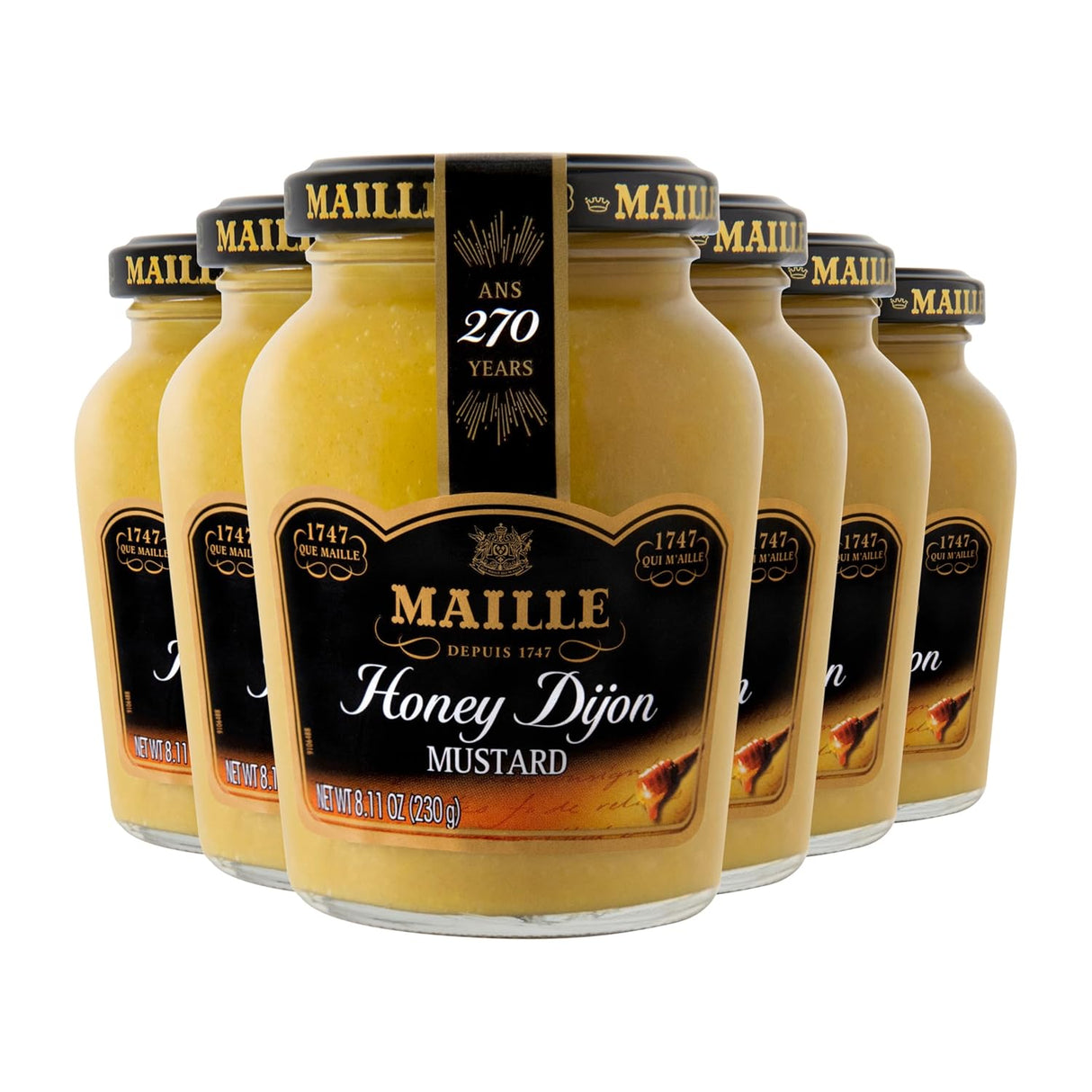 6 jars of Maille Honey Dijon Mustard on a white background
