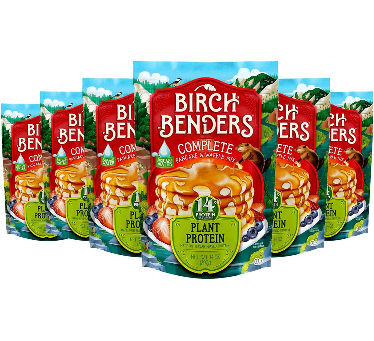 6 packages of Birch Benders Complete Pancake and Waffle Mix with plant protein on a white background.