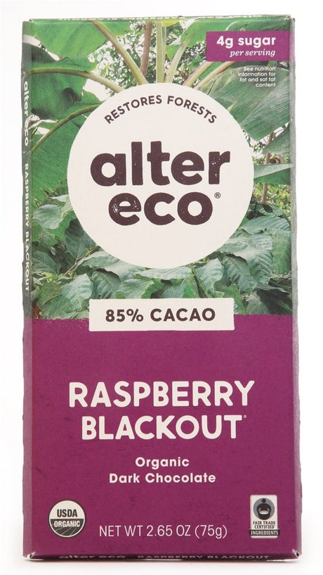 Alter Eco Dark Chocolate Raspberry Blkout 85% Cacao, 12 Pack of 2.65 oz Bars - Cozy Farm 