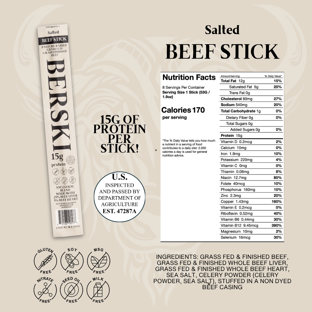 BERSKI Salted Ancestral Beef Sticks - 8 Pack of 1.9oz Sticks