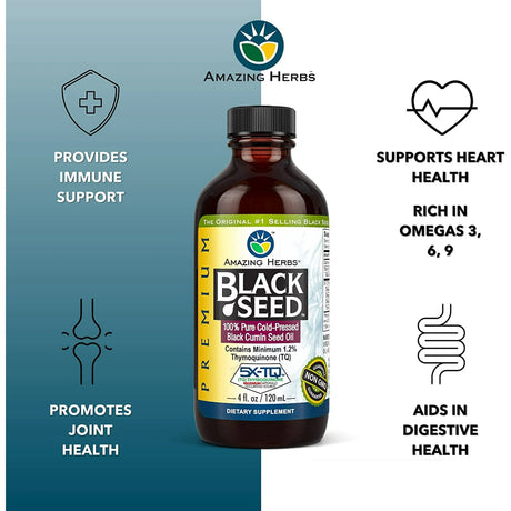 Bottle of Amazing Herbs Black Seed Oil with health benefits listed on a blue and white background