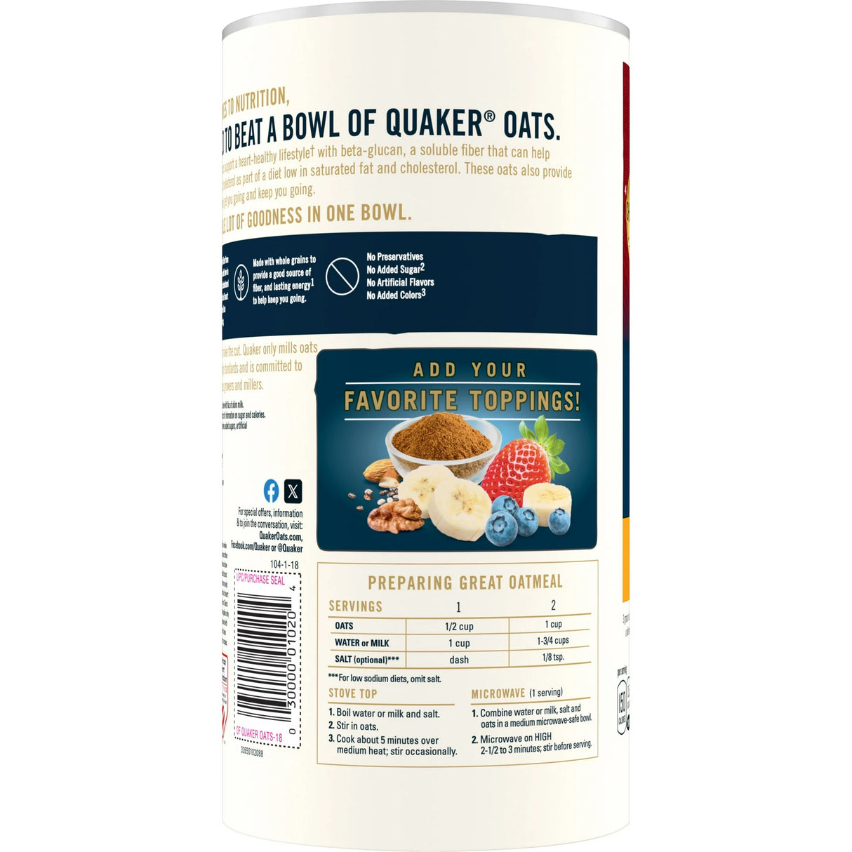 Quaker Oats container with nutritional information and ingredient list on a white background