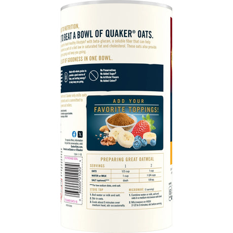 Quaker Oats container with nutritional information and ingredient list on a white background