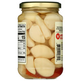 Jar of pickled garlic with labels on a white background