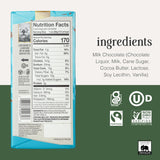 Nutrition facts label and ingredients list on a product packaging with Fairtrade and Non-GMO Project verified logos.