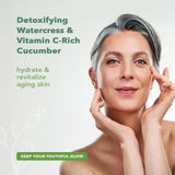 Woman applying cream to her face with text about detoxifying watercress and vitamin C-rich cucumber for skin care.