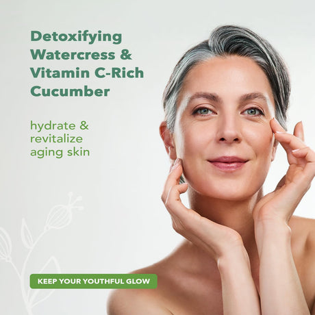 Woman applying cream to her face with text about detoxifying watercress and vitamin C-rich cucumber for skin care.