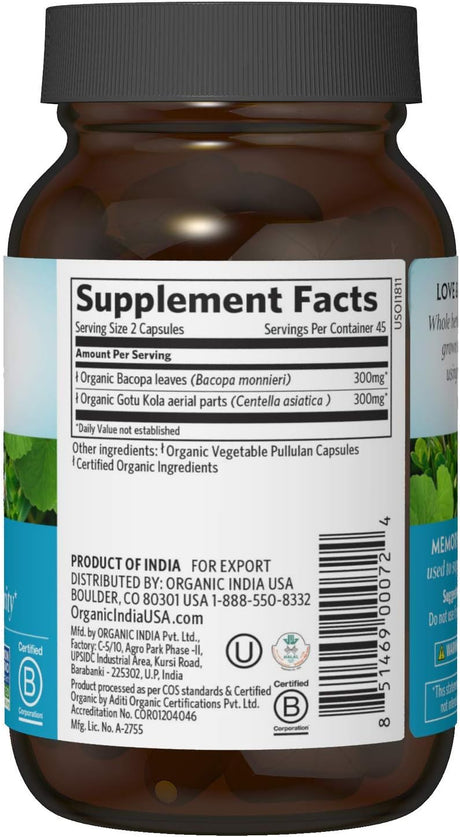 Organic India Memory & Mental Clarity Supplement, 90 Vegetarian Capsules