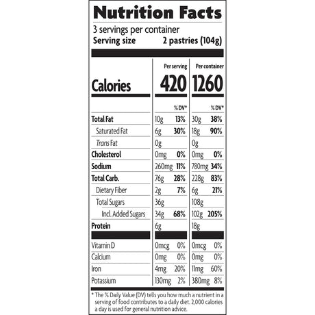 Nutrition facts label for pastries with detailed calorie and nutrient information.