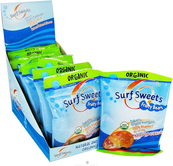 Display of Surf Sweets Organic Fruity Bears packages on a white background