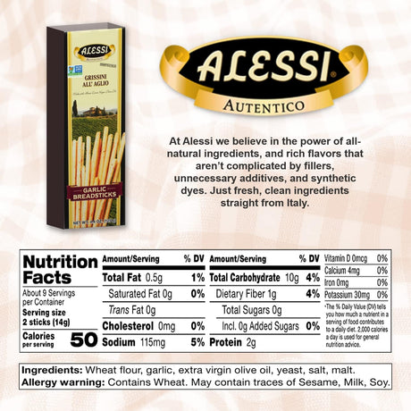 Alessi Garlic Breadsticks packaging with nutrition facts and branding on a beige background