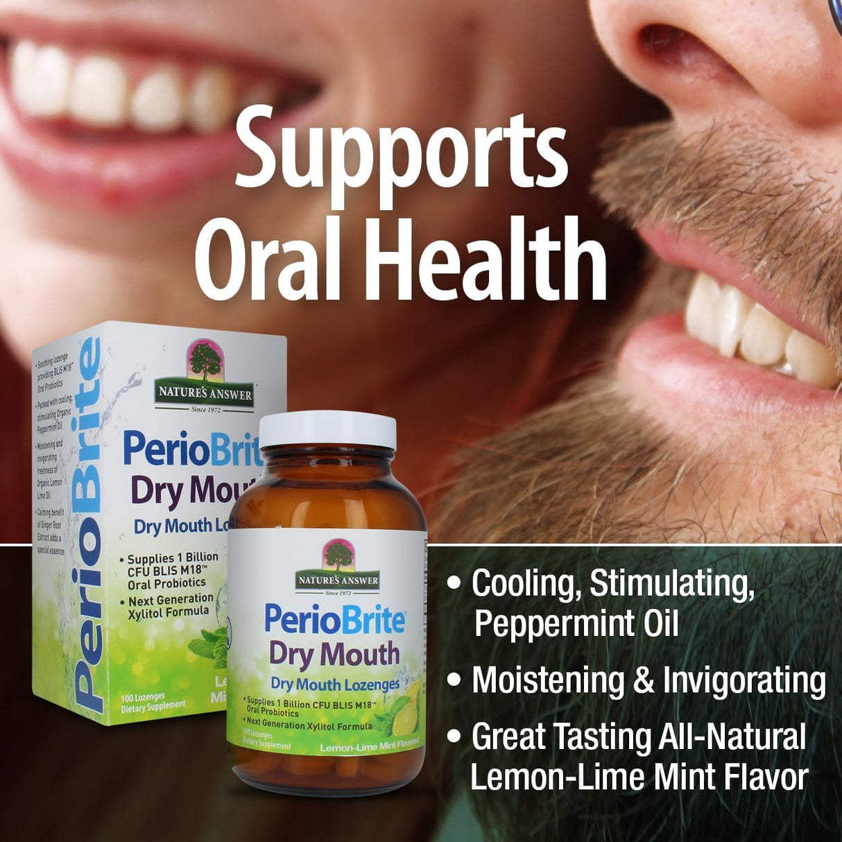 PerioBrite Dry Mouth Lozenge packaging with a close-up of a mouth and text highlighting product benefits.