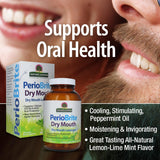 PerioBrite Dry Mouth Lozenge packaging with a close-up of a mouth and text highlighting product benefits.