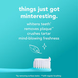 Teeth whitening product with a toothbrush on a teal background and text highlighting benefits.